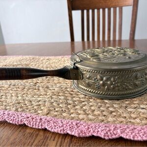 Vintage Peerage Floral Embossed Brass Handled Pan - Brass and Dark Wood- England